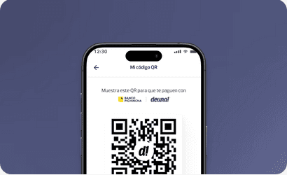 A mobile phone showing a QR code money request flow.