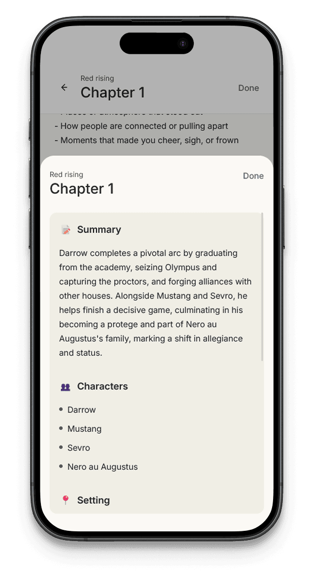 Reading app chapter notes screen.