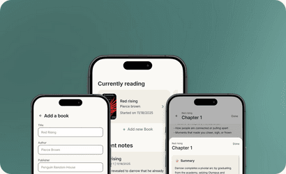 Three mobile screens showing an AI reading assistant app.