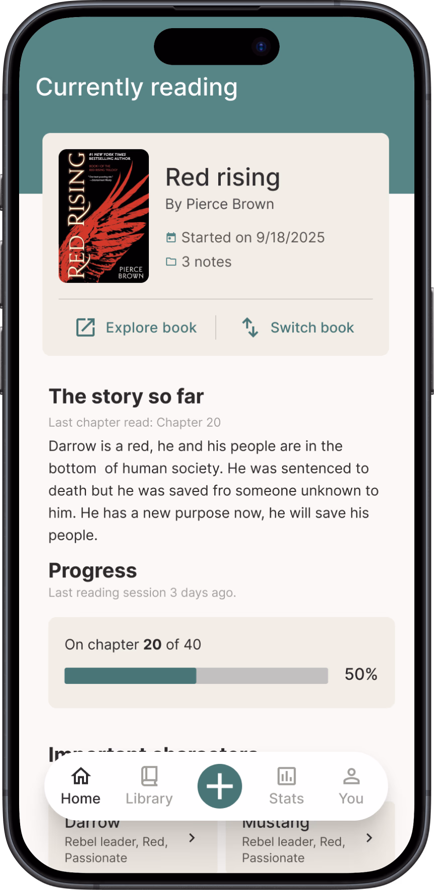 Scriba home screen showing a current book, story progress, and activity.