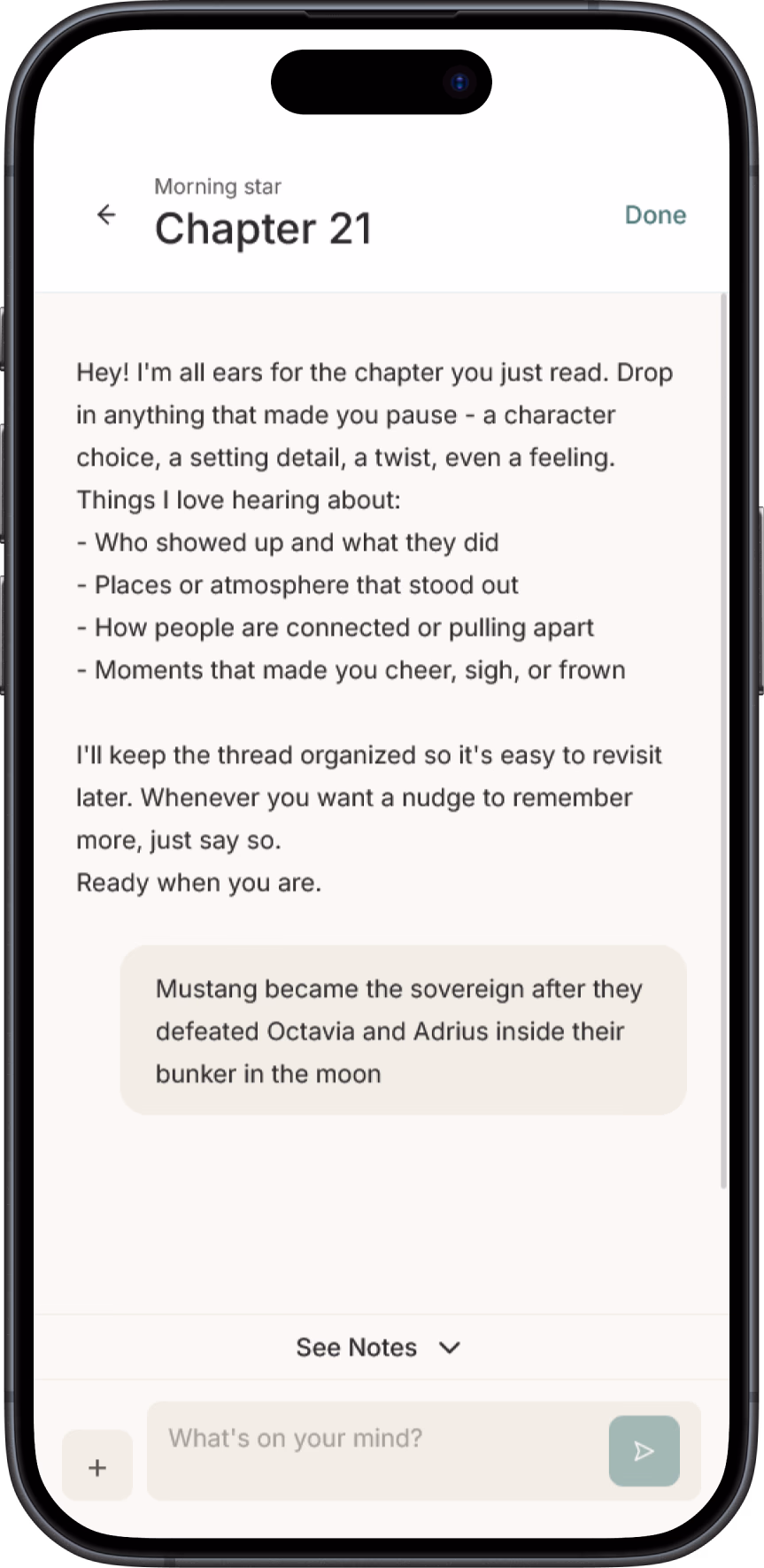 Scriba journal mode screen for capturing thoughts while reading.