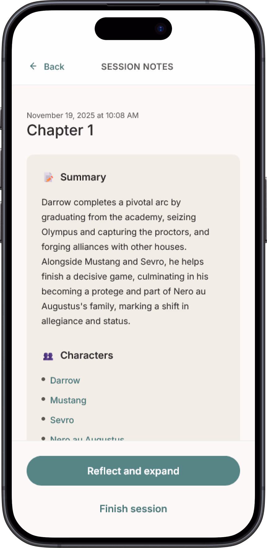 Scriba session summary screen with organized notes, characters, and themes.